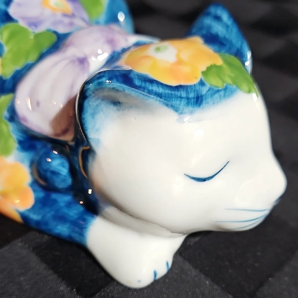 Vintage Andrea by Sadek Porcelain Sleeping Floral Cat Figurine Chinoiserie